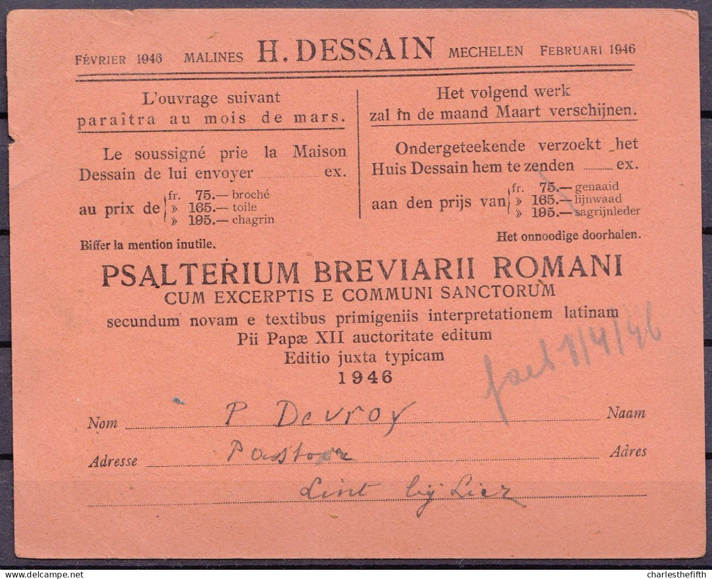 RARE ! Imprimé De Malines Au Curé De LINT Devroy ( + Cachet LINT 1946 ) - Preo Déplacé V 548 - Typo Precancels 1936-51 (Small Seal Of The State)