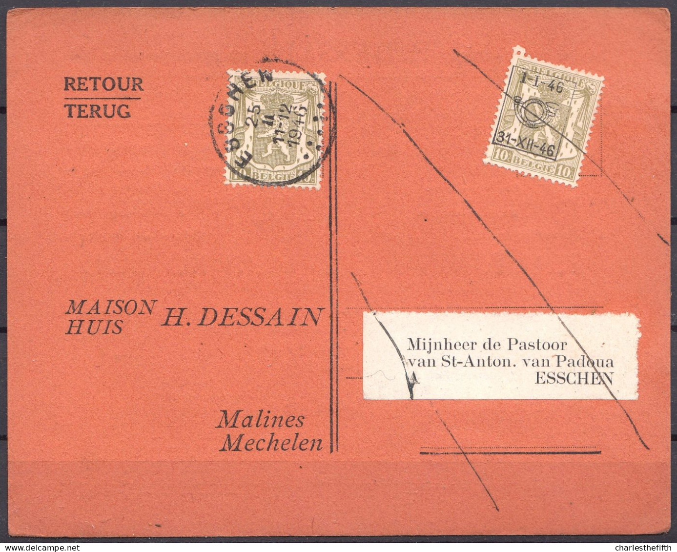 RARE ! Imprimé De Malines Au Curé De ESSCHEN - De Decker ( + Cachet ESSCHEN 1946 ) - Preo Déplacé V 548 - Typos 1936-51 (Kleines Siegel)