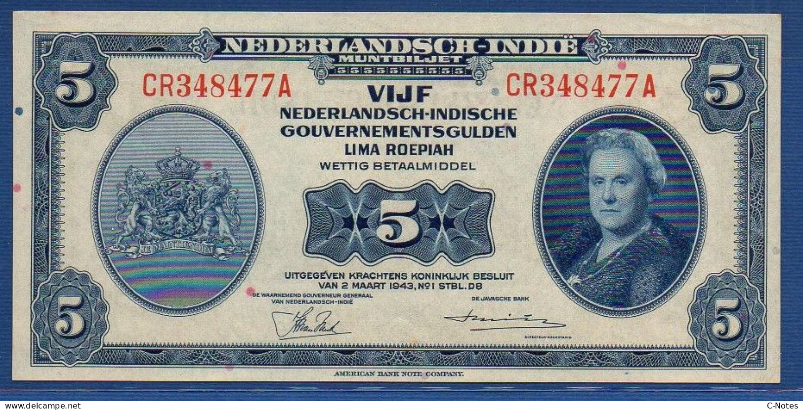 NETHERLANDS INDIES  - P.113 – 5 Gulden L.02.03.1943 AUNC-, S/n CR348477A - Niederländisch-Indien