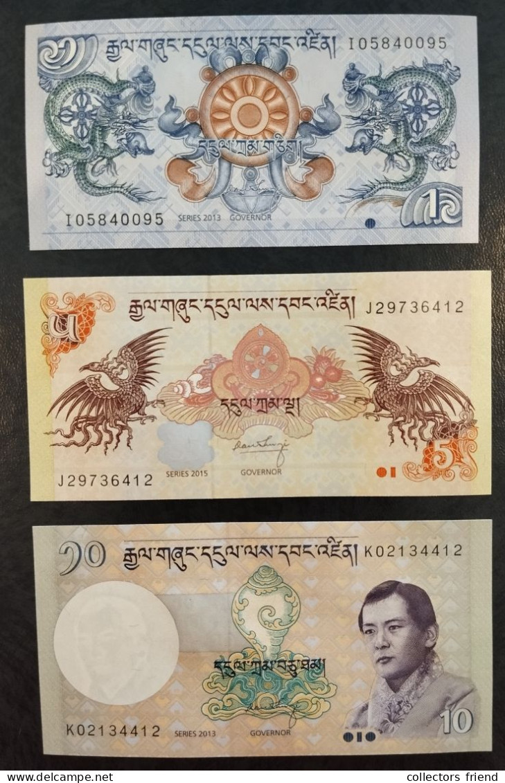 Bhutan  - 1 (2013) P27b + 5 (2015) P228c + 10 (2013) P29b Ngultrum - UNC - Bhután