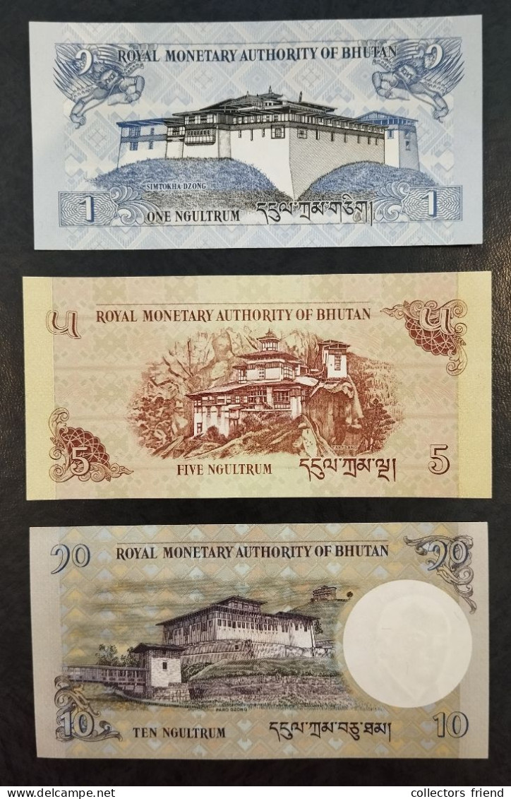 Bhutan  - 1 (2013) P27b + 5 (2015) P228c + 10 (2013) P29b Ngultrum - UNC - Bhoutan