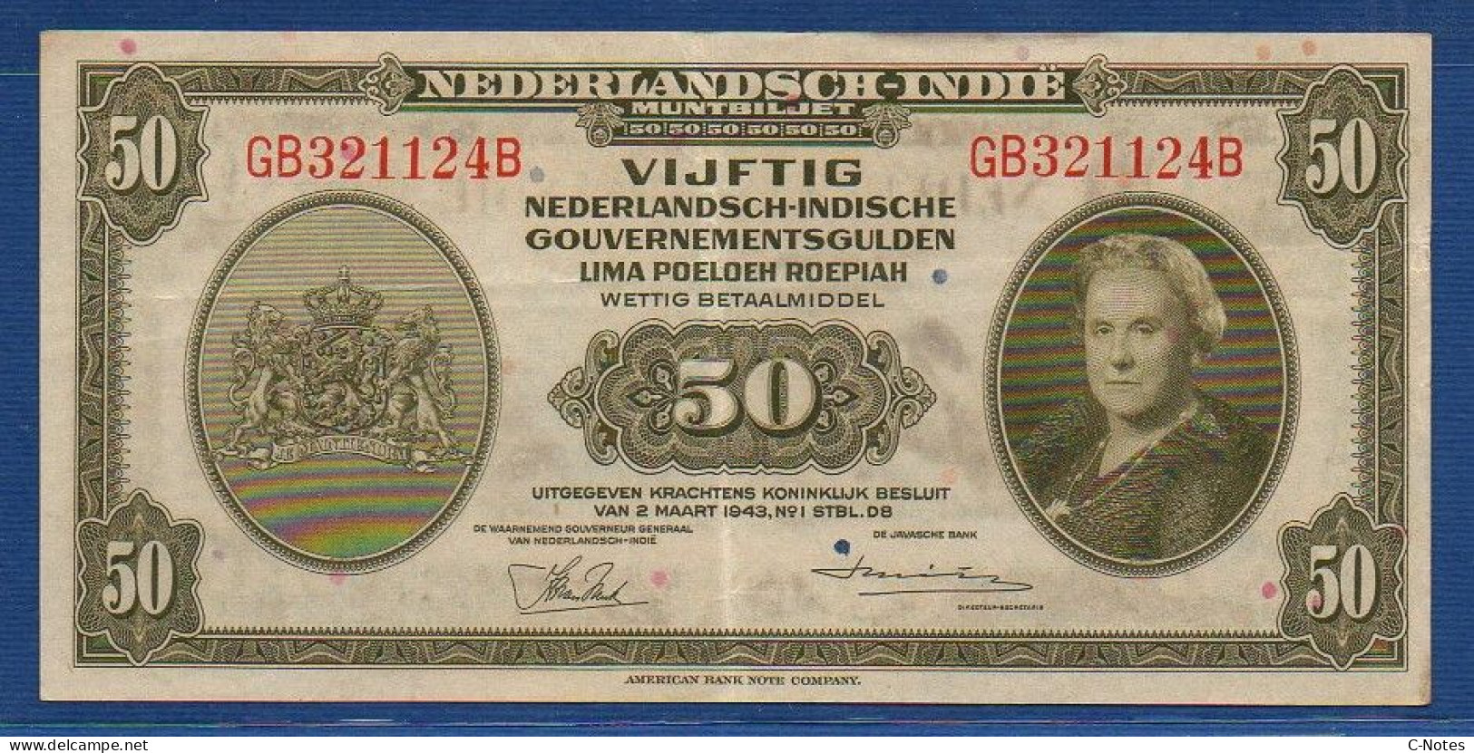 NETHERLANDS INDIES  - P.116 – 50 Gouvernementsgulden / Roepiah L.02.03.1943 AXF, S/n GB321124B - Dutch East Indies