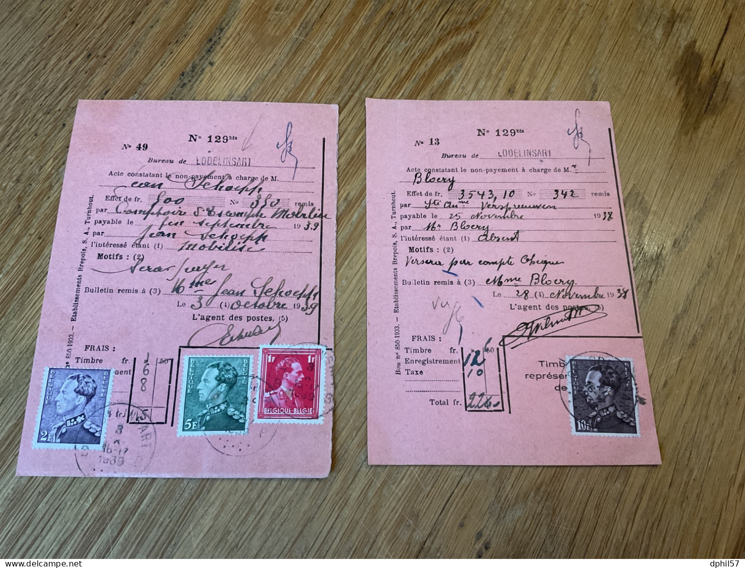 Belgique N°428, 431, 433, 434 Sur 2 Documents De La Poste De Lodelinsart (1938/1939) - Cartas & Documentos