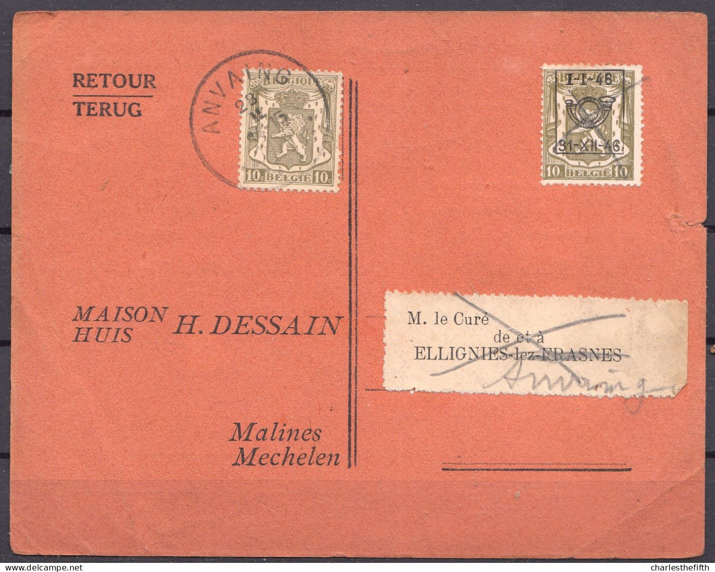 RARE ! Imprimé De Malines Au Curé De ANVAING  - Druart ( + Cachet ANVAING 1946 ) - Preo Déplacé V 548 - Sobreimpresos 1936-51 (Sello Pequeno)