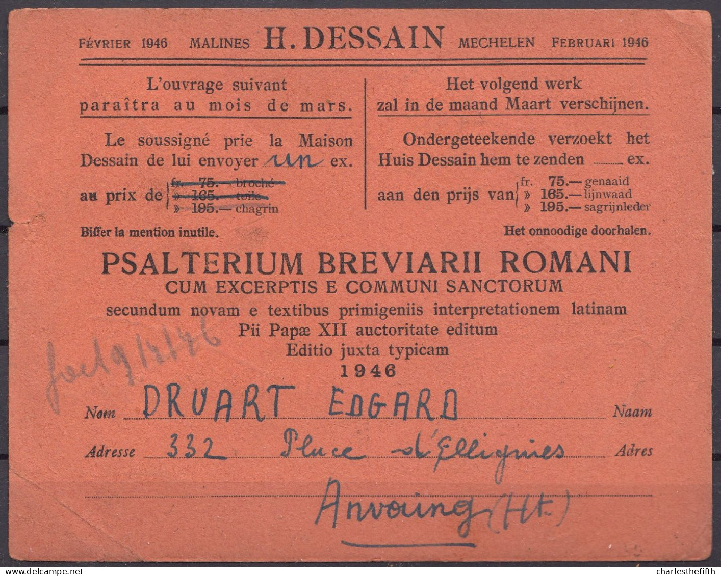 RARE ! Imprimé De Malines Au Curé De ANVAING  - Druart ( + Cachet ANVAING 1946 ) - Preo Déplacé V 548 - Sobreimpresos 1936-51 (Sello Pequeno)