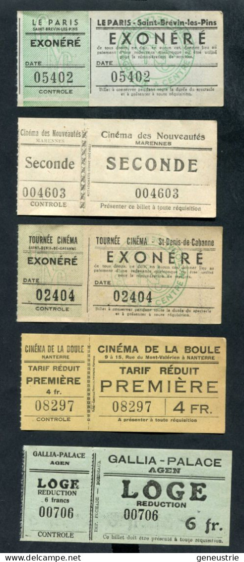 Lot De 5 Tickets Billets De Cinéma Années 30/40 (Nanterre, Agen, St Brévin-les-Pins, Marennes, St Denis-de-Cabanne) - Biglietti D'ingresso