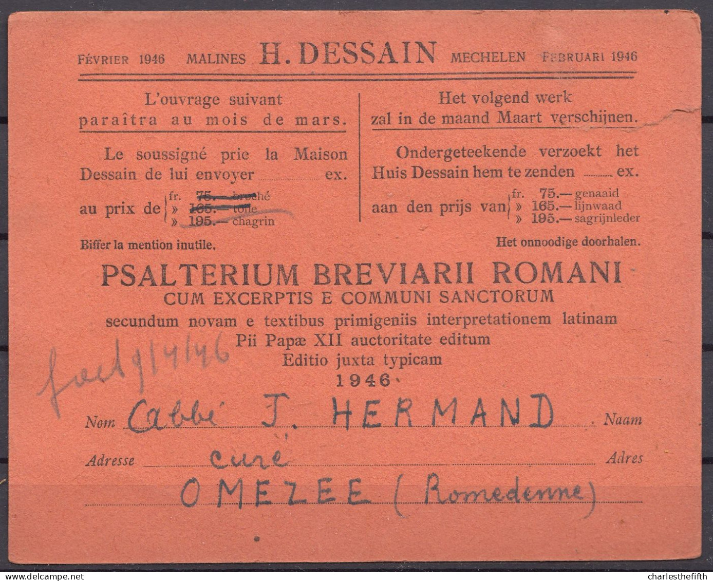 RARE ! Imprimé De Malines Au Curé De OMEZEE ROMEDENNE - Hermand  ( + Cachet ROMEDENNE 1946 ) - Preo Déplacé V 548 - Typo Precancels 1936-51 (Small Seal Of The State)