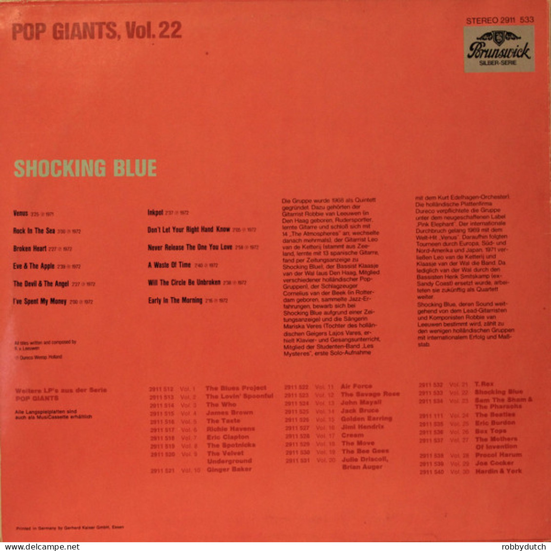 * LP *  SHOCKING BLUE - POP GIANTS Vol.22 (Germany 1972 EX-) - Rock