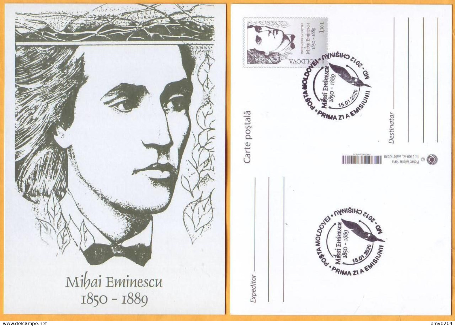 2020 Moldova Moldavie Moldau  FDC Eminescu  Culture, Art, Writer, Romania - Moldova