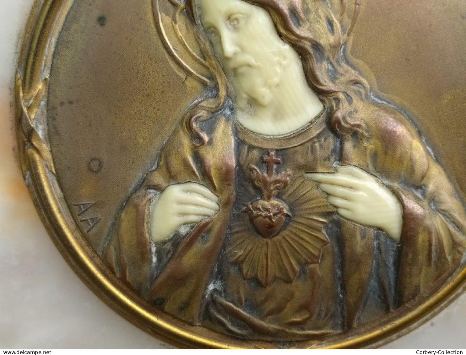 Ancien Cadre Christ Chryséléphantine Marbre Signé Le Barollet - Religious Art