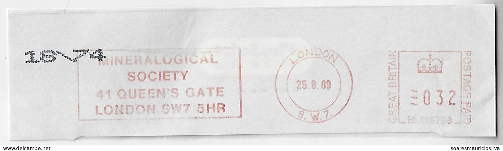 Great Britain 1989 Meter Stamp Pitney Bowes 5000 With Slogan By Mineralogical Society From London - Minerales