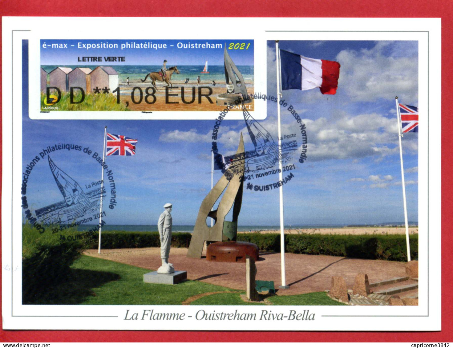 2021 - Carte Maximum -  Vignette LISA De OUISTREHAM - Lettre Verte - Oblitération Du Mémorial "La Flamme" - 2020-…