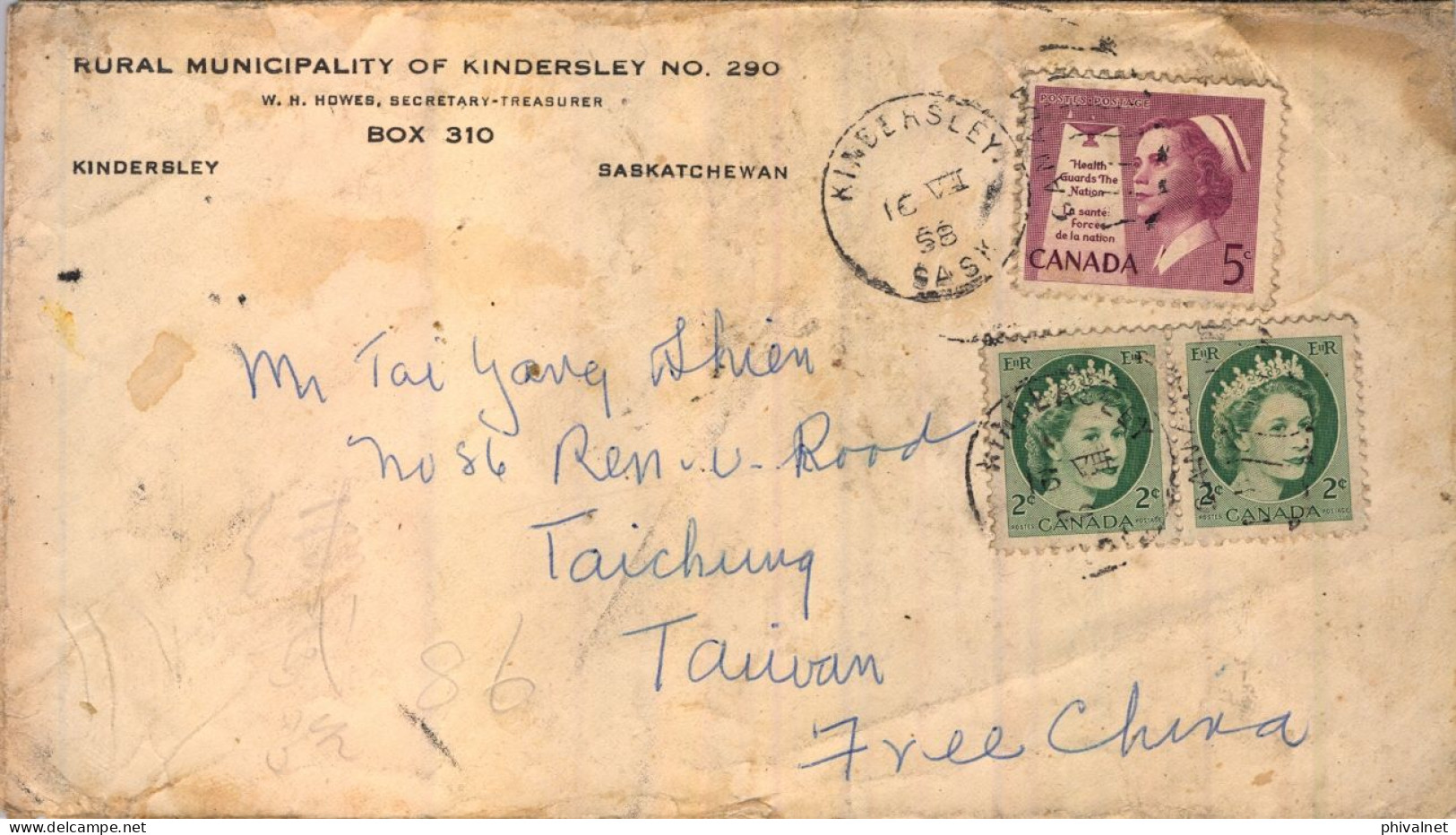 1958 KINDERSLEY - TAICHUNG ( TAIWAN ) , RURAL MUNICIPALITY OF KINDERSLEY , SOBRE CIRCULADO , LLEGADA - Brieven En Documenten
