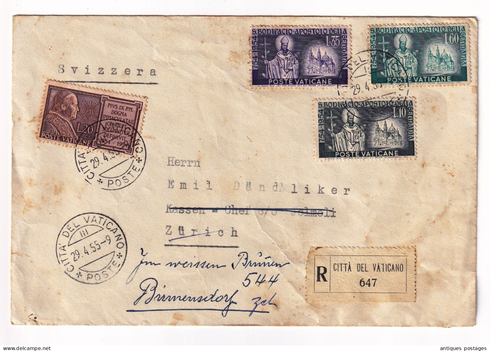 Posta Raccomandata 1955 Vaticano Zürich Svizzera Switzerland Birmensdorf San Bonifacio Papa Pius IX - Storia Postale