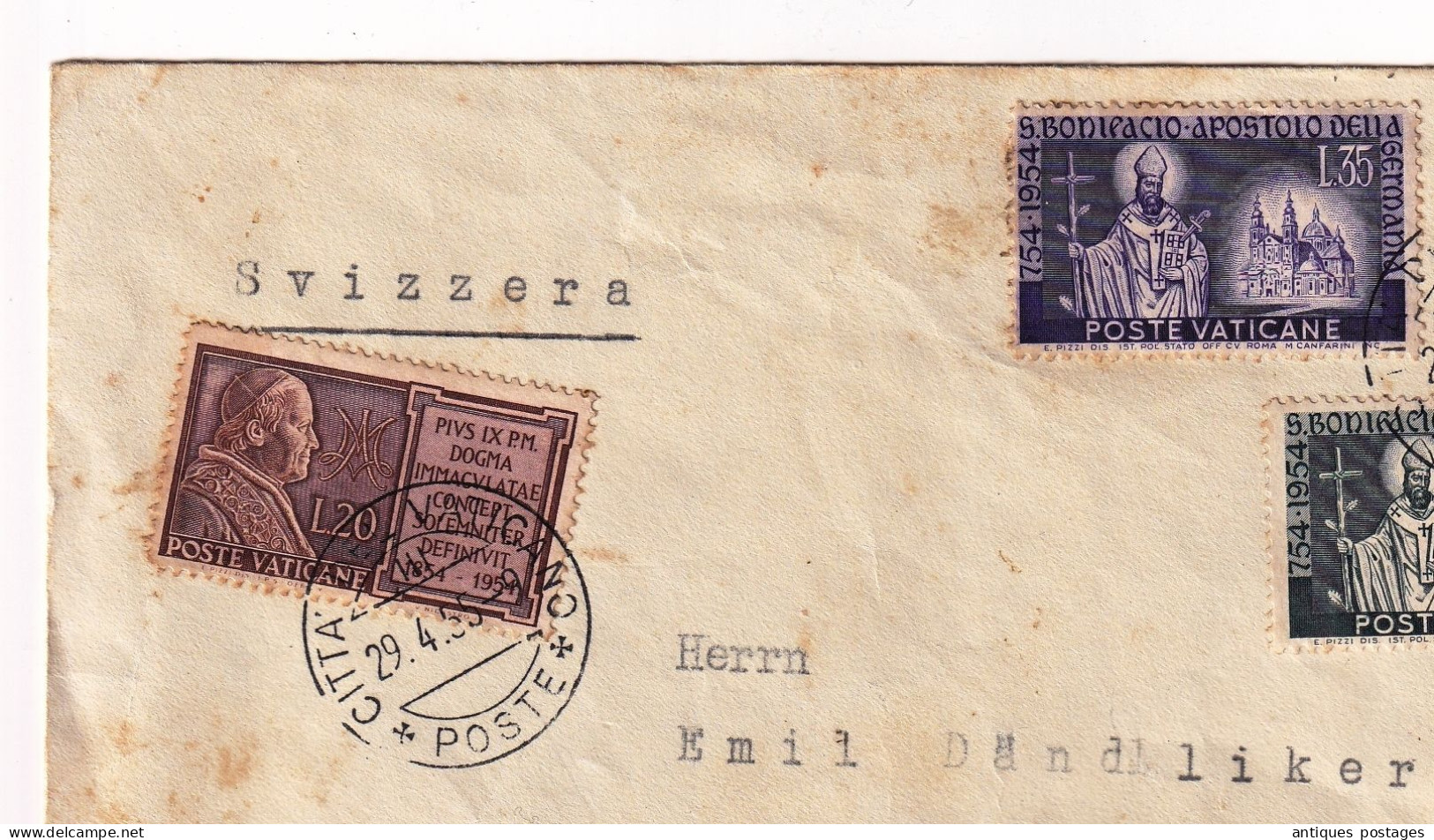 Posta Raccomandata 1955 Vaticano Zürich Svizzera Switzerland Birmensdorf San Bonifacio Papa Pius IX - Storia Postale