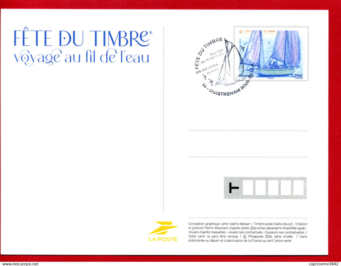 2024 - Carte Entier Postal "VOYAGE AU FIL DE L'EAU" émise Pour La Fête Du Timbre Oblitération 1er Jour OUISTREHAM - Documents Of Postal Services