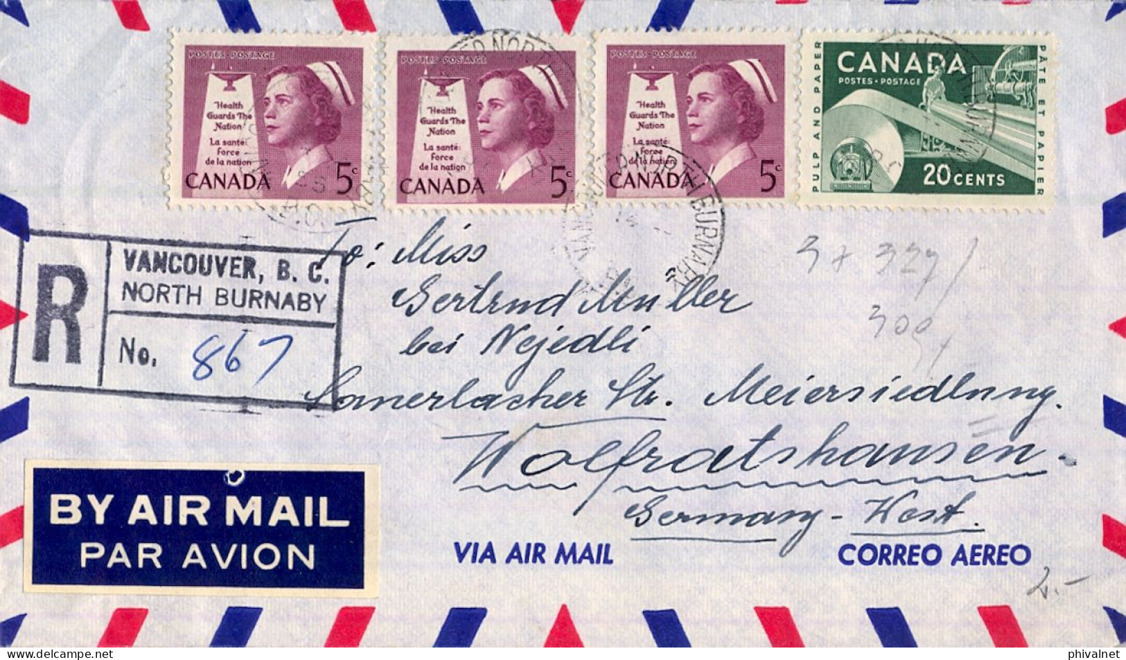 1958 VANCOUVER - NORTH BURNABY - WOLFRATSHAUSEN , SOBRE CERTIFICADO , CORREO AÉREO , TRÁNSITO MONTREAL - Storia Postale