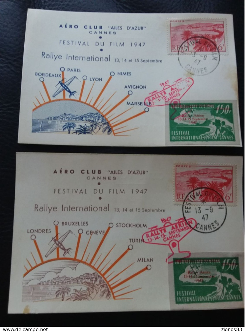 2 Cartes Rallye Aérien Cannes 1947 Et Festival Du Film (numérotée 365 Et 710/1000) - Reuniones