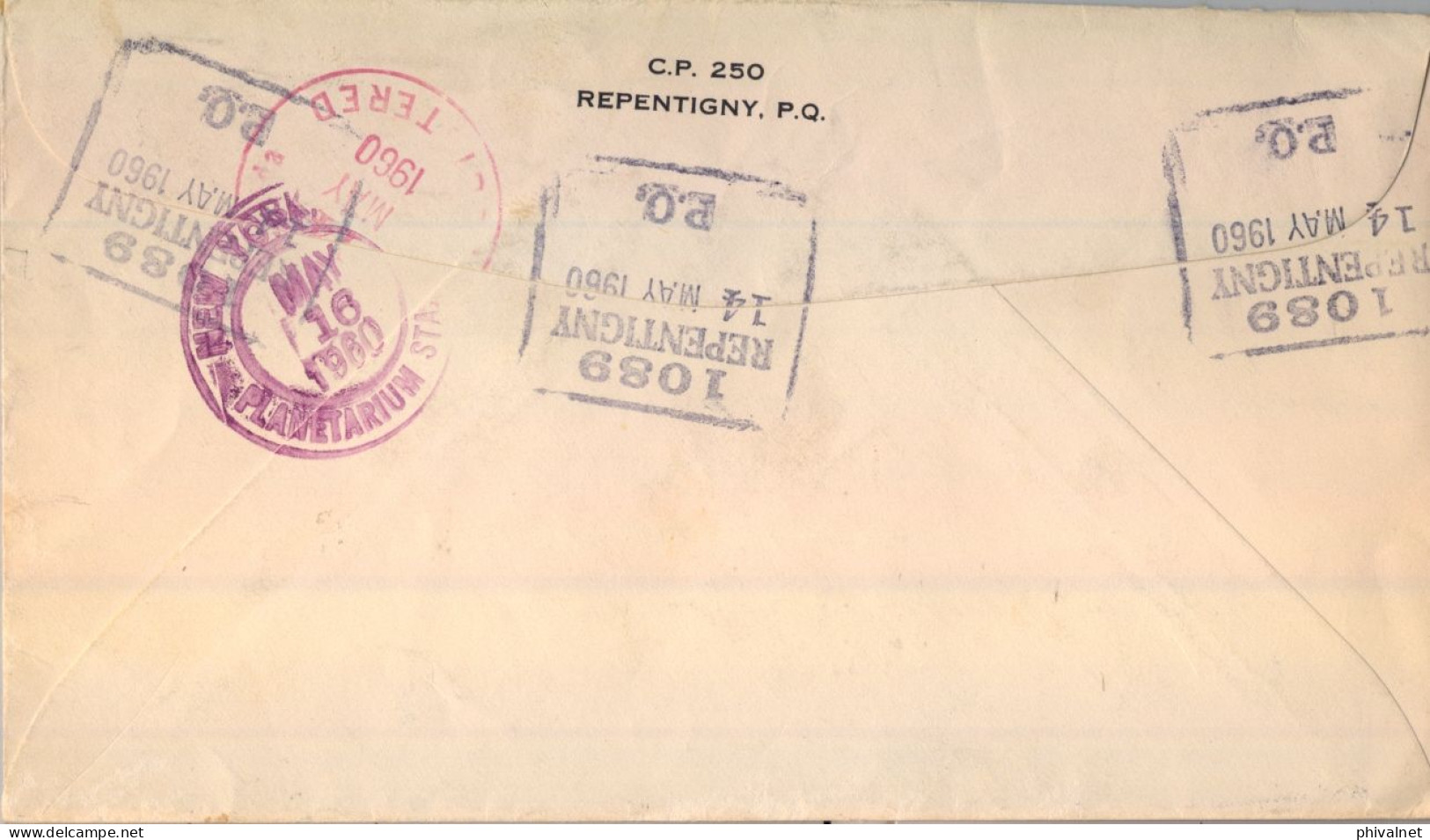 1960 REPENTIGNY - NEW YORK  , SOBRE CERTIFICADO , CORREO AÉREO , LLEGADA - Brieven En Documenten