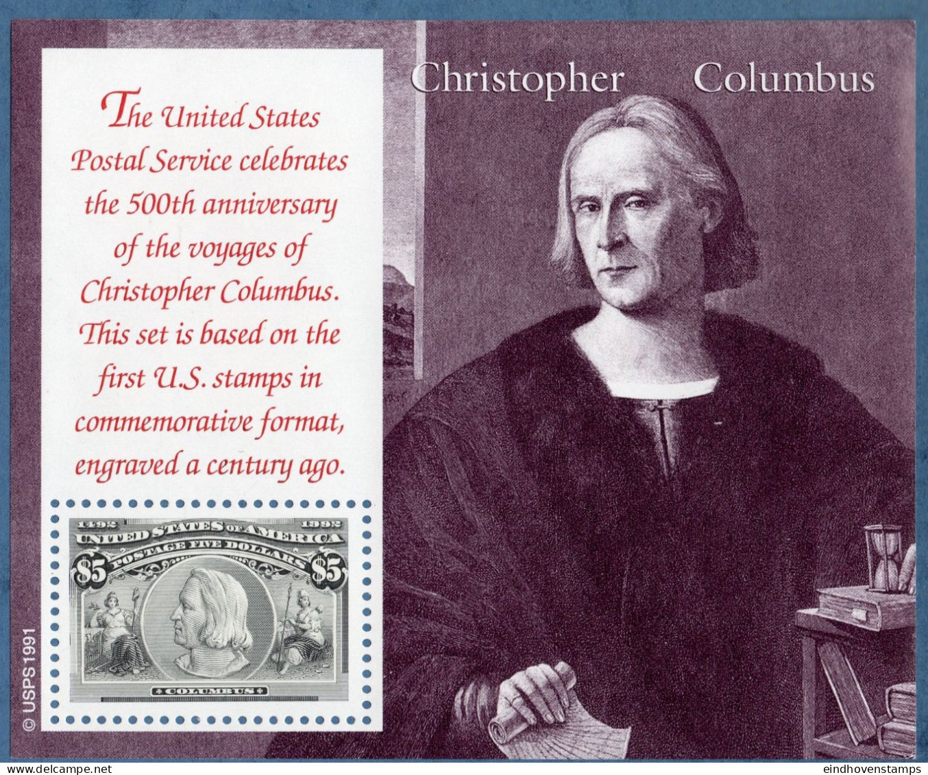 USA 1992 Christopher Columbus $5 Block Issue MNH From Block Set Discobery Of America - Otros & Sin Clasificación