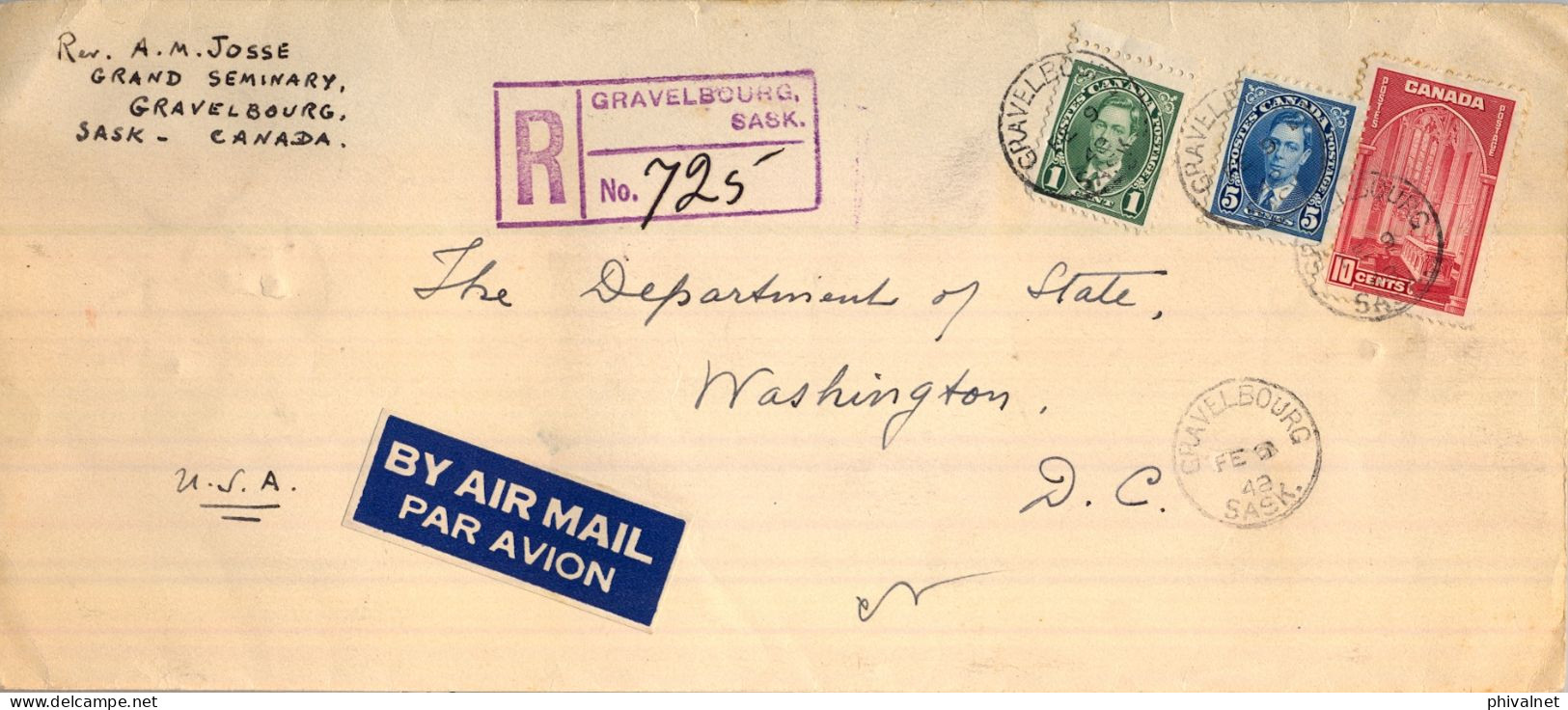 1942 GRAVELBOURG - WASHINGTON , SOBRE CERTIFICADO , CORREO AÉREO , TRÁNSITOS REGINA , WINNIPEG , MOOSE JAW , LLEGADA - Storia Postale