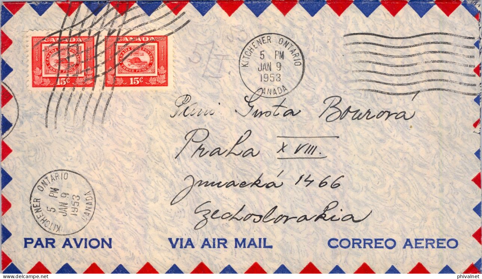 1953 KITCHENER ONTARIO - PRAGA , SOBRE CIRCULADO , CORREO AÉREO - Covers & Documents