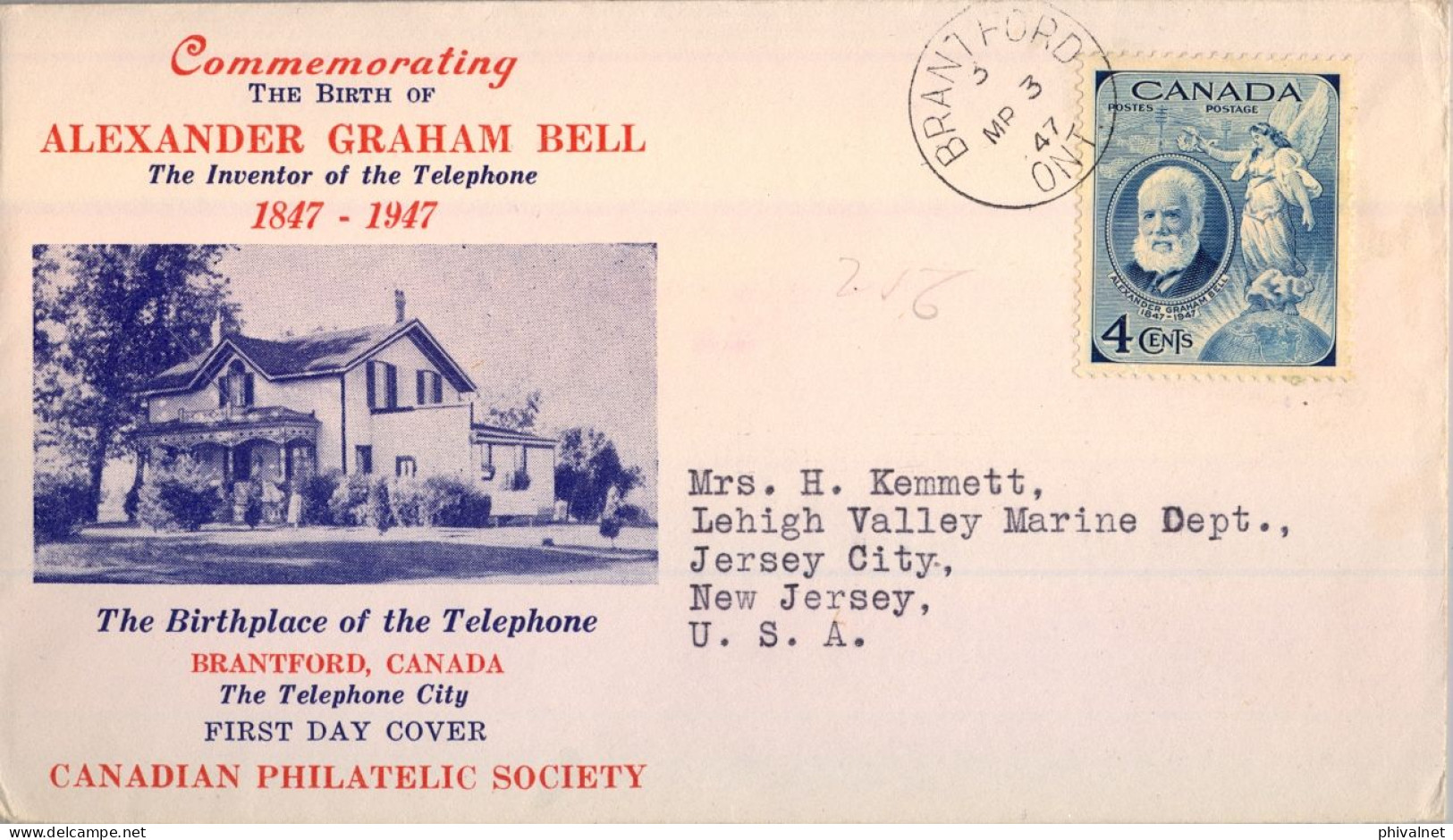 1947 BRANTFORD ONTARIO - NEW JERSEY , ALEXANDER GRAHAM BELL , THE BIRTHPLACE OF THE TELEPHONE - Storia Postale