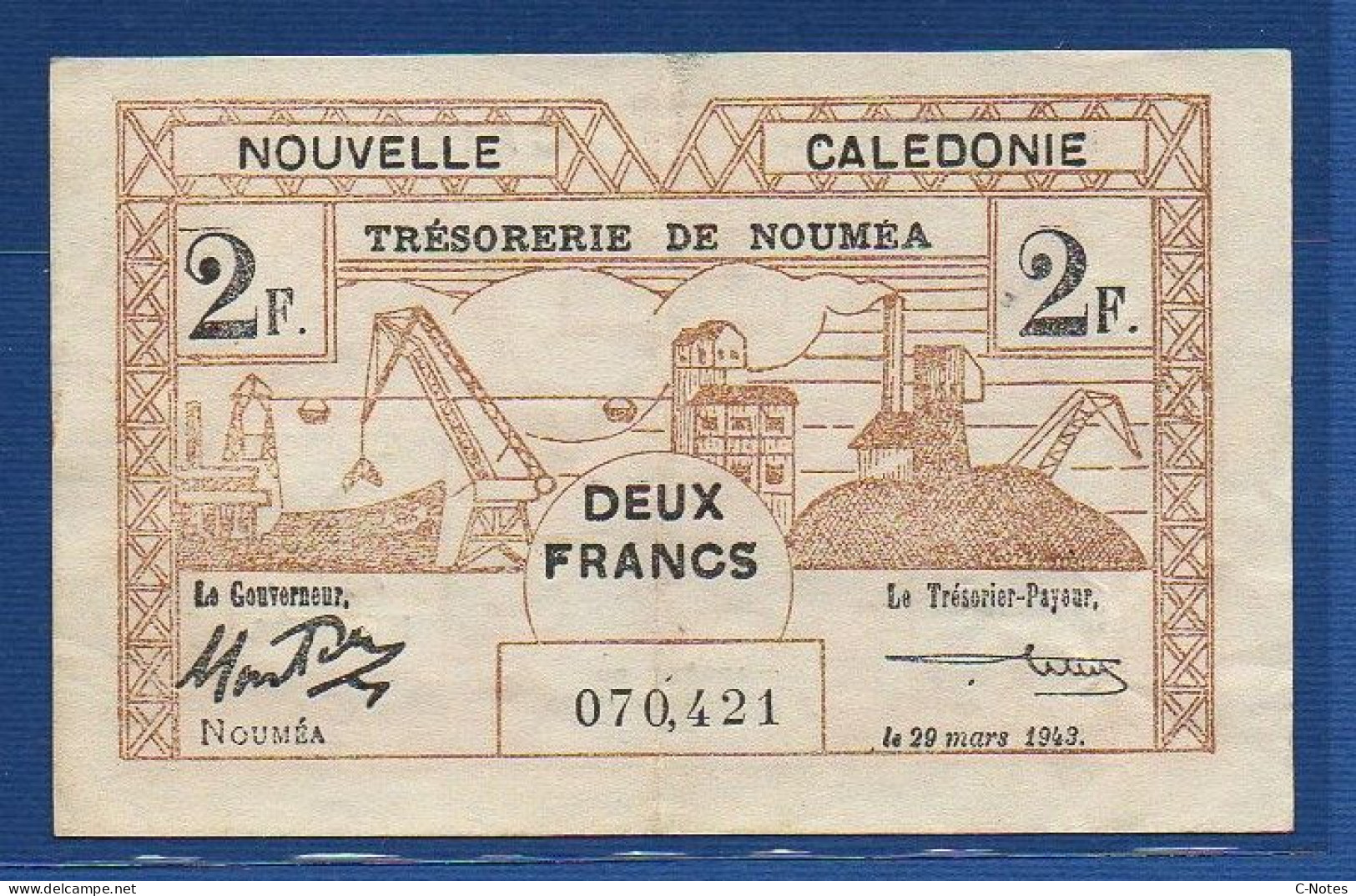 NEW CALEDONIA - Nouméa  - P.56a – 2 Francs 1943 XF+, S/n 070,421 - Nouméa (New Caledonia 1873-1985)