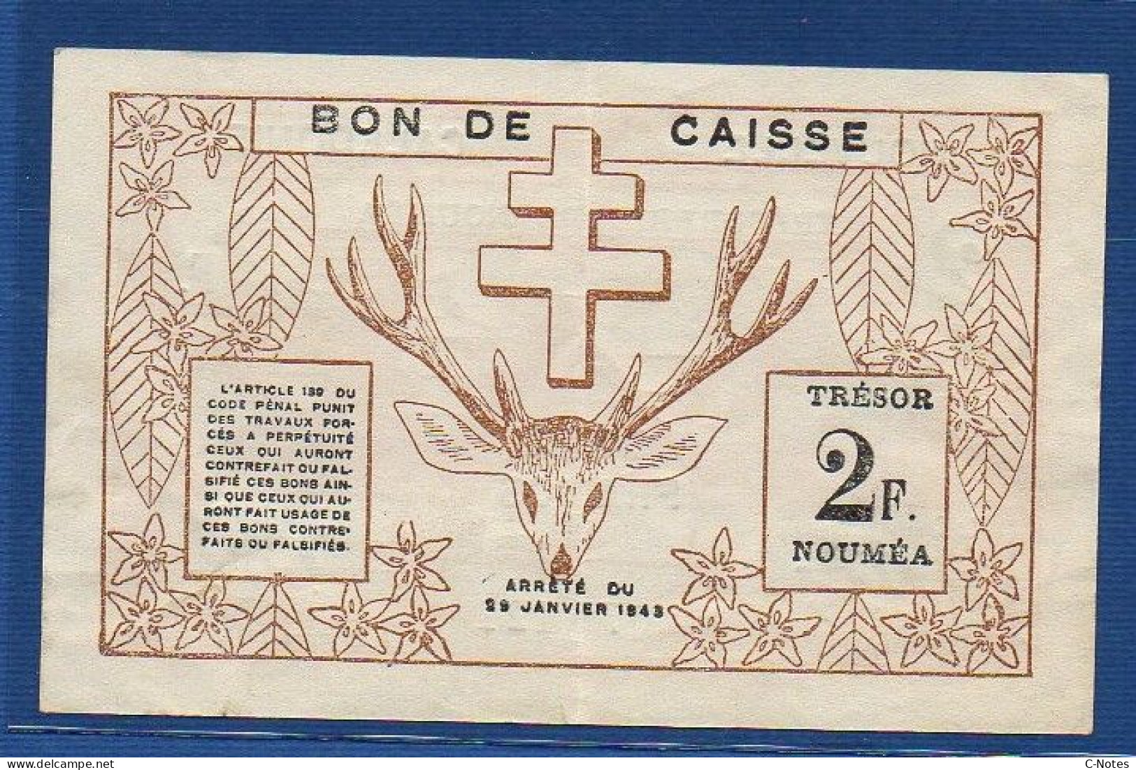 NEW CALEDONIA - Nouméa  - P.56a – 2 Francs 1943 XF+, S/n 070,421 - Nouvelle-Calédonie 1873-1985