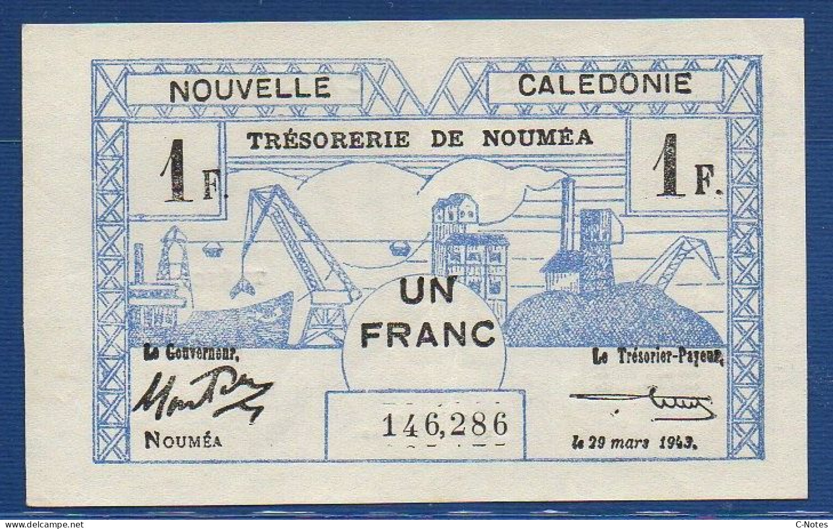 NEW CALEDONIA - Nouméa  - P.55a – 1 Franc 1943 XF/AU, S/n 146,286 - Nouméa (Neukaledonien 1873-1985)