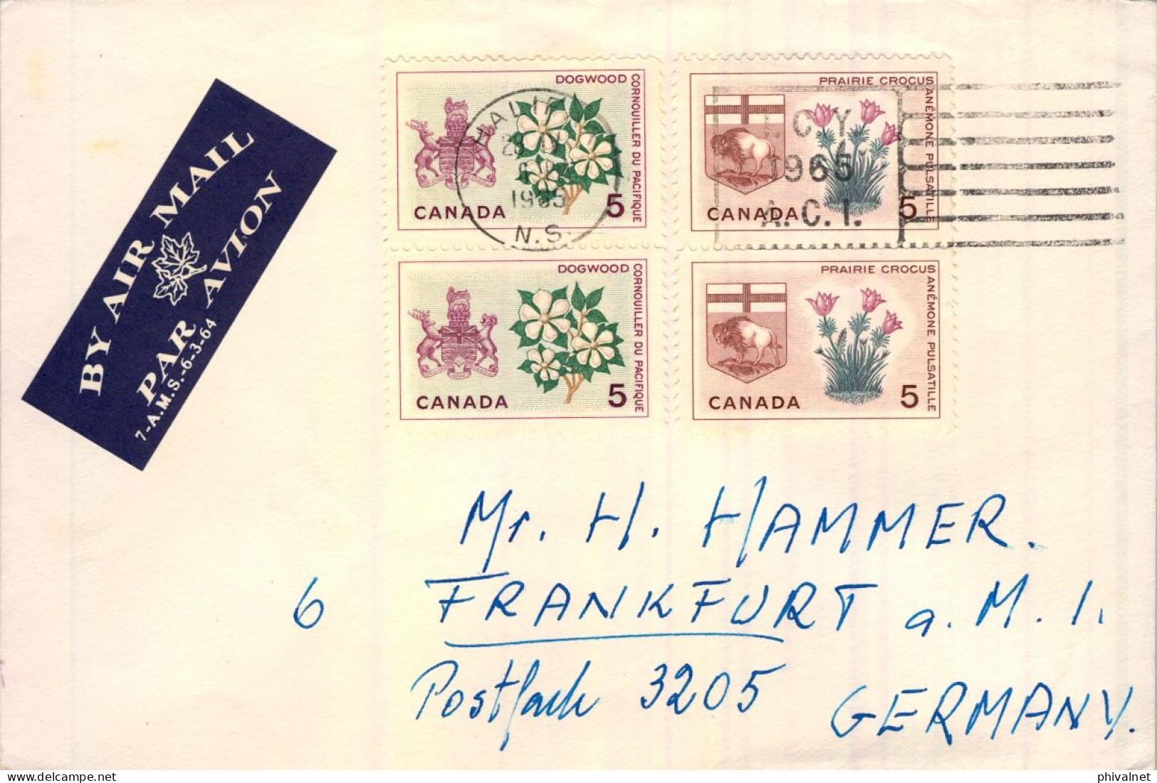 1965 HALIFAX - FRANKFURT , SOBRE CIRCULADO , CORREO AÉREO , ESCUDOS , FLORA - Cartas & Documentos