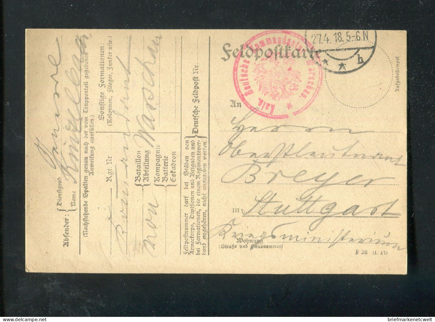 "DEUTSCHES REICH" 1914, Feldpostvordruckkarte Mit Rotem Stempel "Kais. Deutsche Kommandatur" Und Feldpoststempel (B1145) - Feldpost (postage Free)