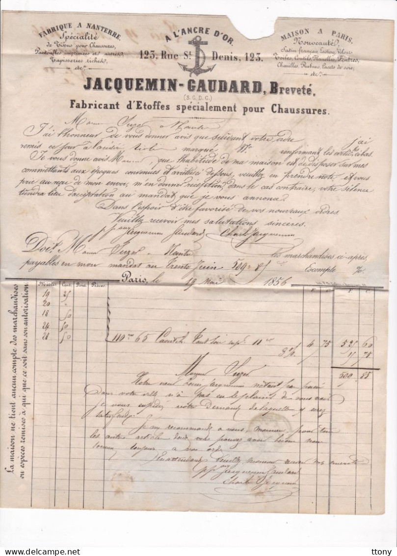 Facture Ets : Jacquemin - Gaudard étoffes Pour Chaussures  1856   Timbre N° 14 Bleu Foncé  Pour Nantes - 1800 – 1899