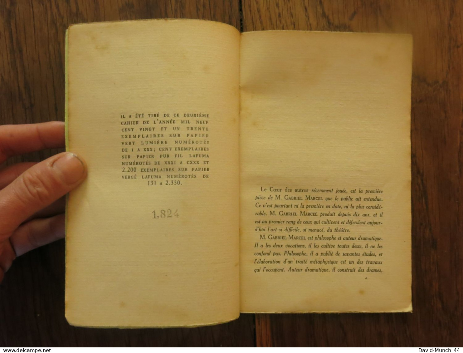 Le Cœur Des Autres De Gabriel Marcel.Librairie Grasset,"les Cahiers Verts" N-2.1921,exemplaire Sur Vergé Lafuma Numéroté - 1901-1940