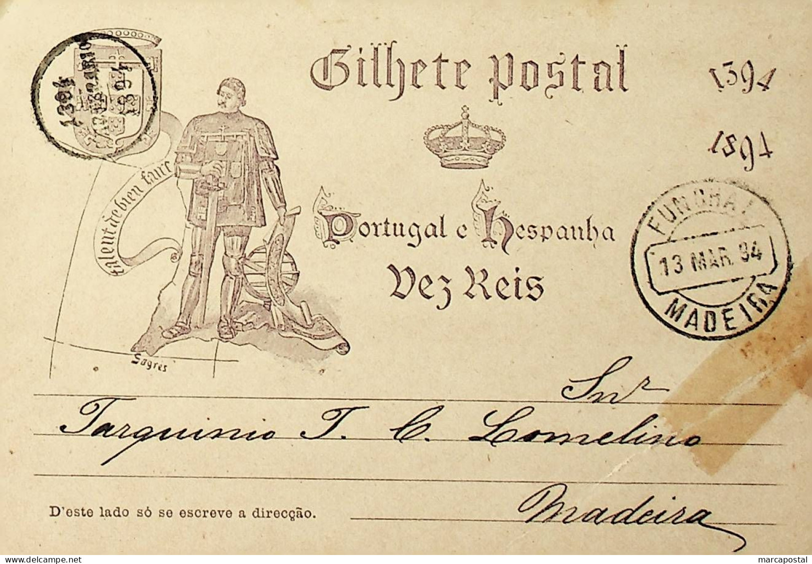 1894 Portugal Bilhete Postal Inteiro V Centenário Do Nascimento Do Infante D. Henrique Enviado Para A Madeira - Ganzsachen