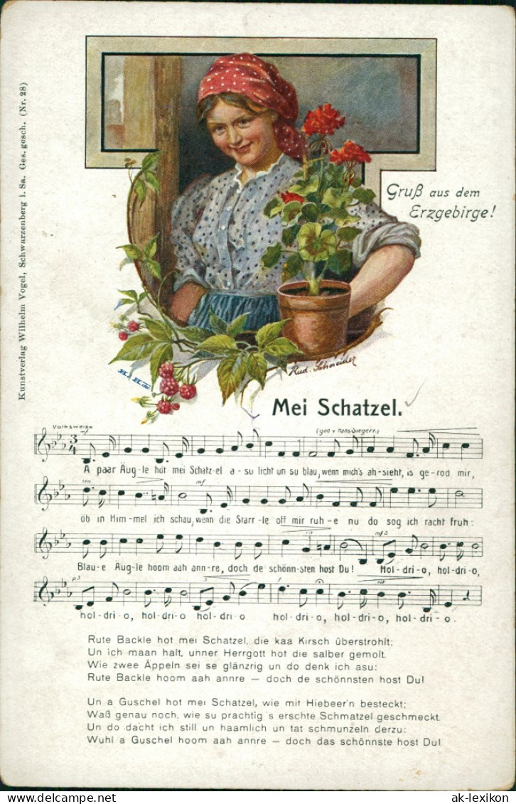 Ansichtskarte  Erzgebirge Liedkarte Frau Mei Schatzel 1909 - Musica