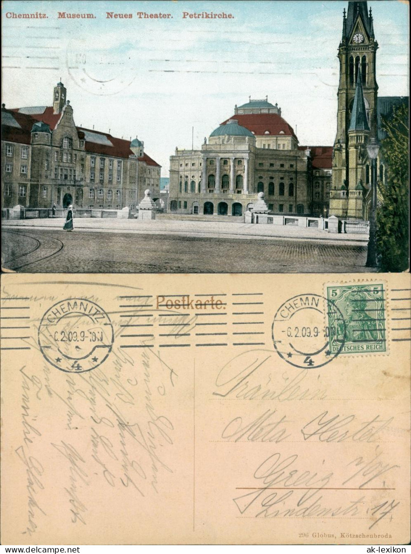 Ansichtskarte Chemnitz Museum, Theater U. Petrikirche 1909  - Chemnitz