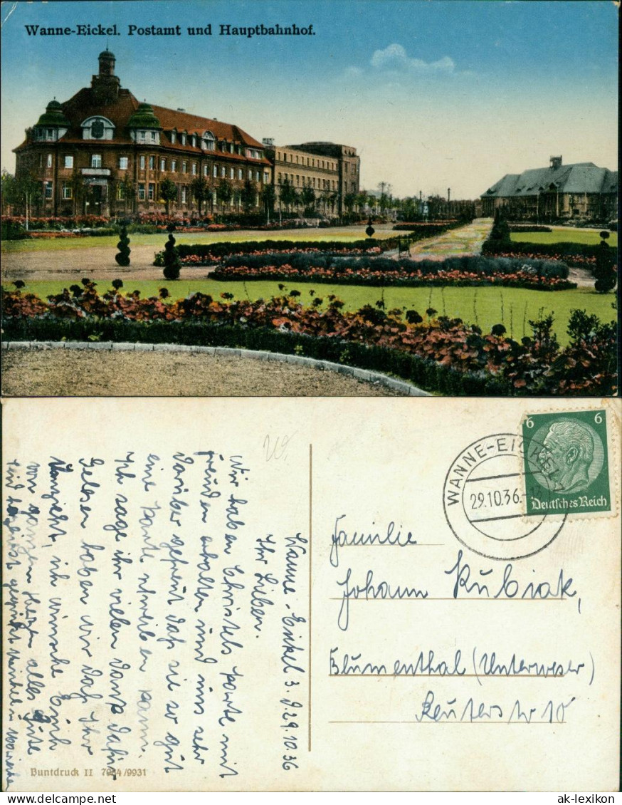 Ansichtskarte Wanne-Eickel-Herne Postamt - Hauptbahnhof 1938  - Herne