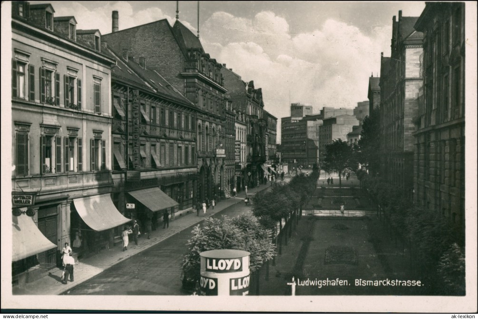 Ansichtskarte Ludwigshafen Bismarckstraße - Litfaßsäule 1935 - Ludwigshafen