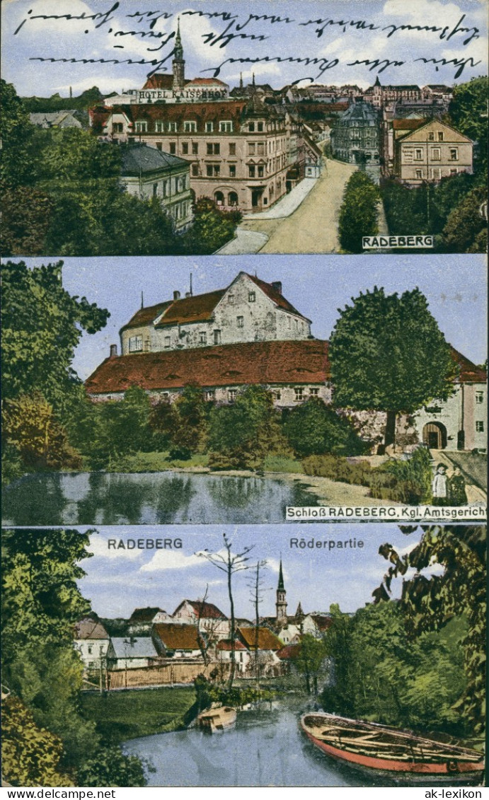 Ansichtskarte Radeberg 3 Bild: Hotel Kaiserhof, Schloß, Röderpartie 1919 - Radeberg