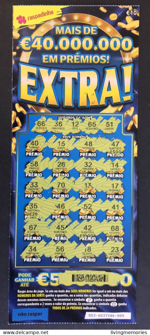 116 U, Lottery Ticket, Portugal, « Raspadinha », « Instant Lottery »,« EXTRA ! Mais De € 40.000.000 Em Prémios », Nº 553 - Billetes De Lotería