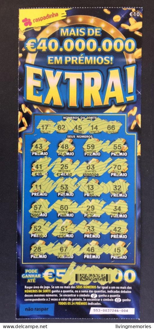 116 U, Lottery Ticket, Portugal, « Raspadinha », « Instant Lottery »,« EXTRA ! Mais De € 40.000.000 Em Prémios », Nº 553 - Billets De Loterie