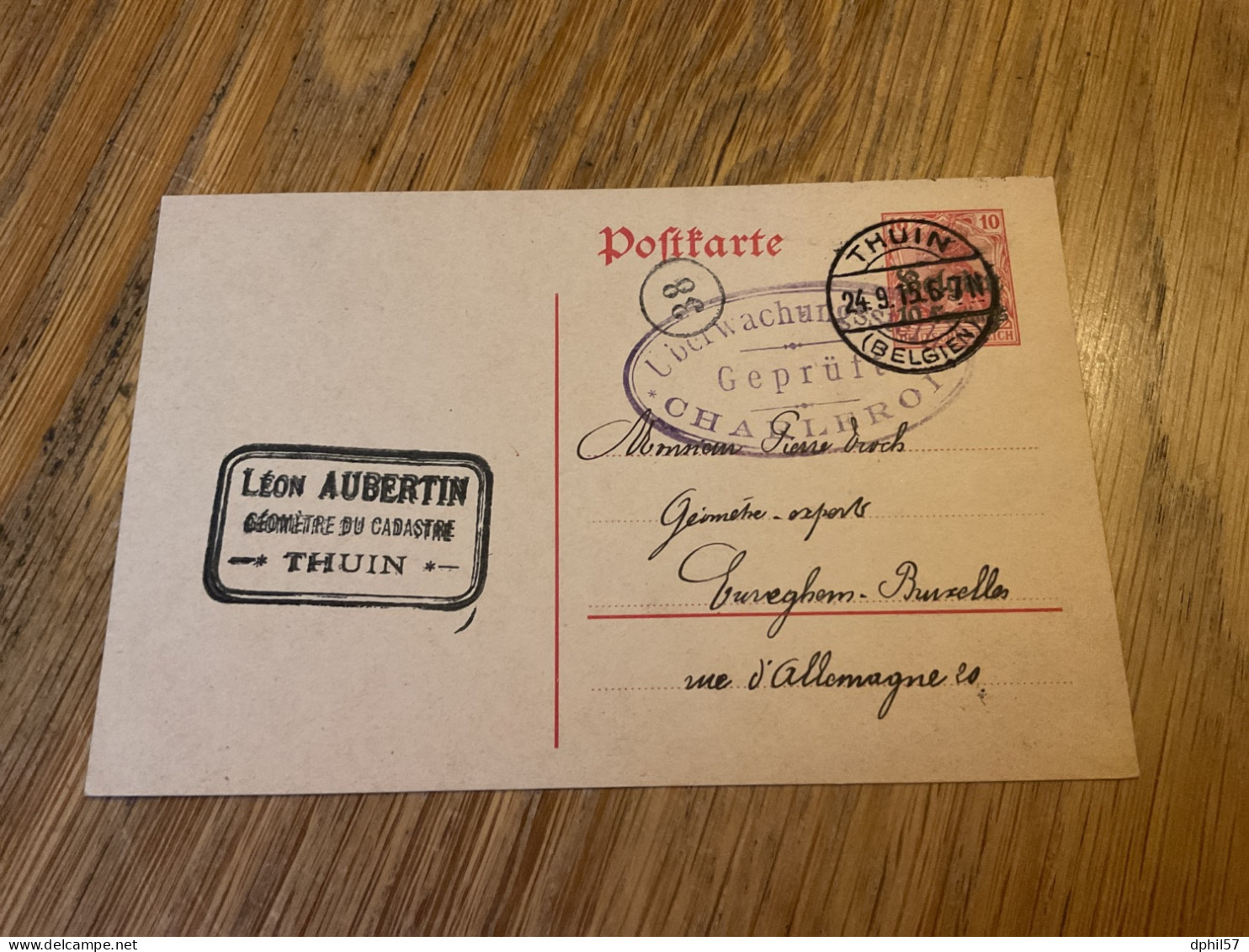 Belgique Carte D’occupation N°3 Beau Cachet De  Thuin + Censure De Charleroi - Occupation Allemande