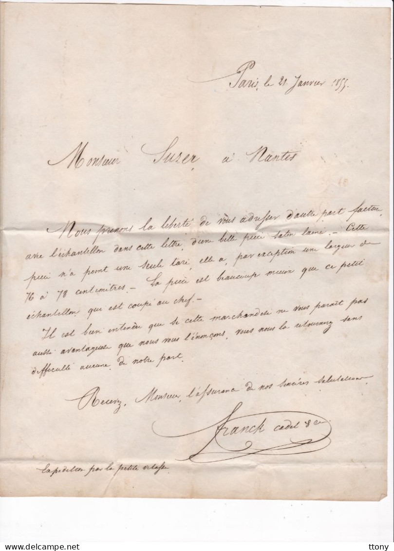 Facture Ets : B. Franck Cadet    Dépôt De Draps Sedan   1856   Timbre N° 14 Bleu Foncé  Pour Nantes - 1800 – 1899