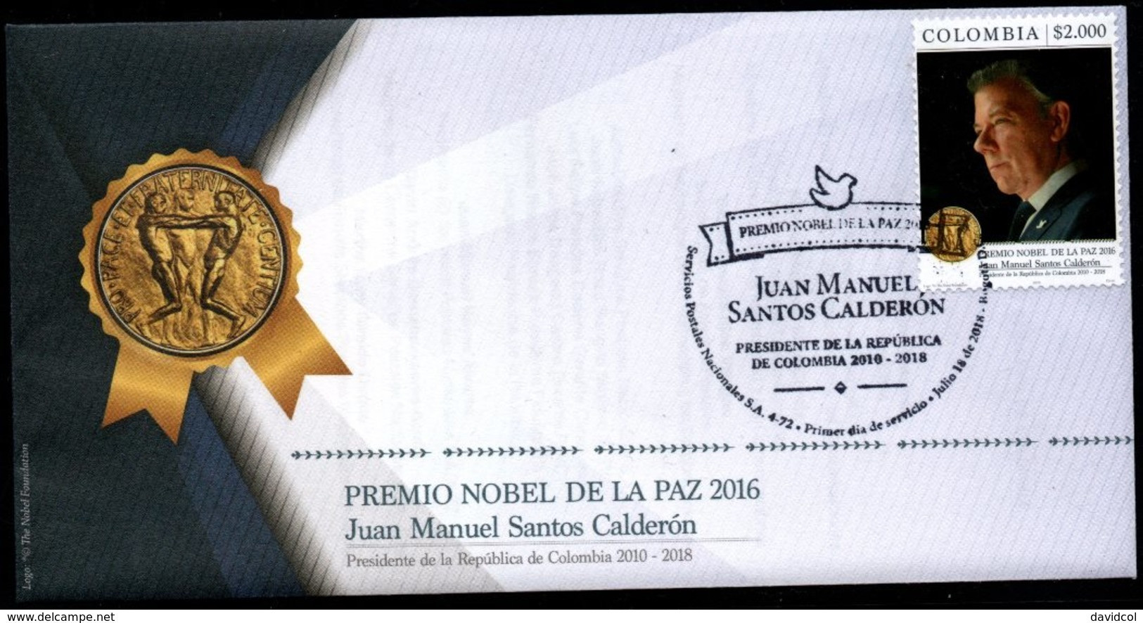 COLOMBIA- KOLUMBIEN- 2018 FDC/SPD. JUAN MANUEL SANTOS, NOBEL PEACE - Colombia