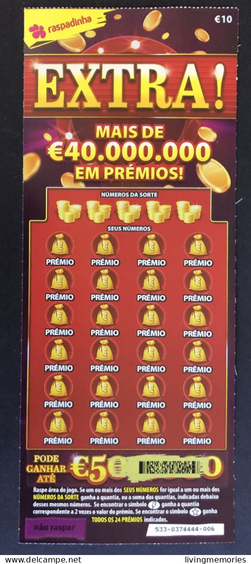 116 U, Lottery Ticket, Portugal, « Raspadinha », « Instant Lottery »,« EXTRA ! Mais De € 40.000.000 Em Prémios », Nº 533 - Lotterielose