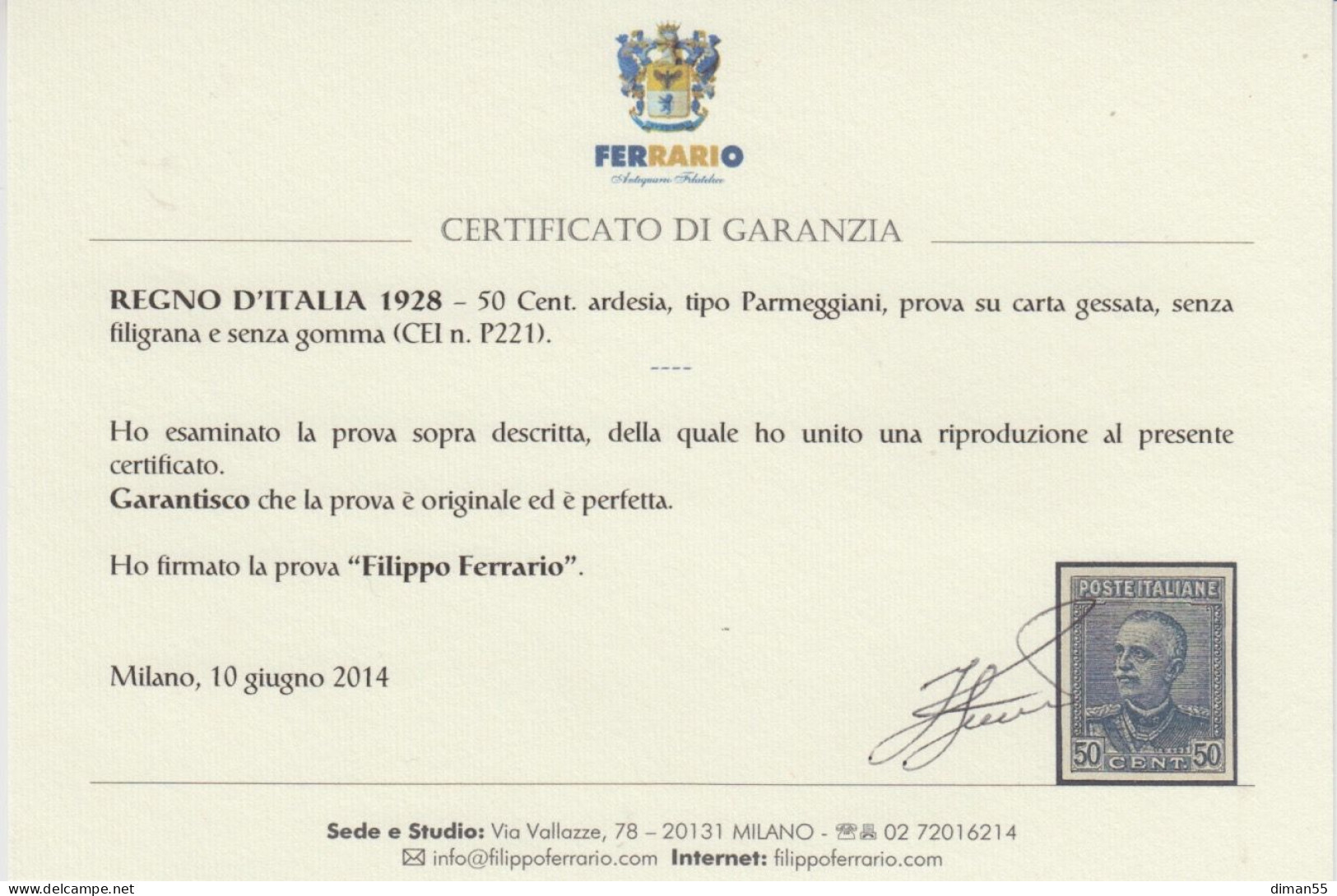 Italia Regno - 1928 50 Cent. Prova In Grigio P221 CERTIFICATO FERRARIO - Neufs