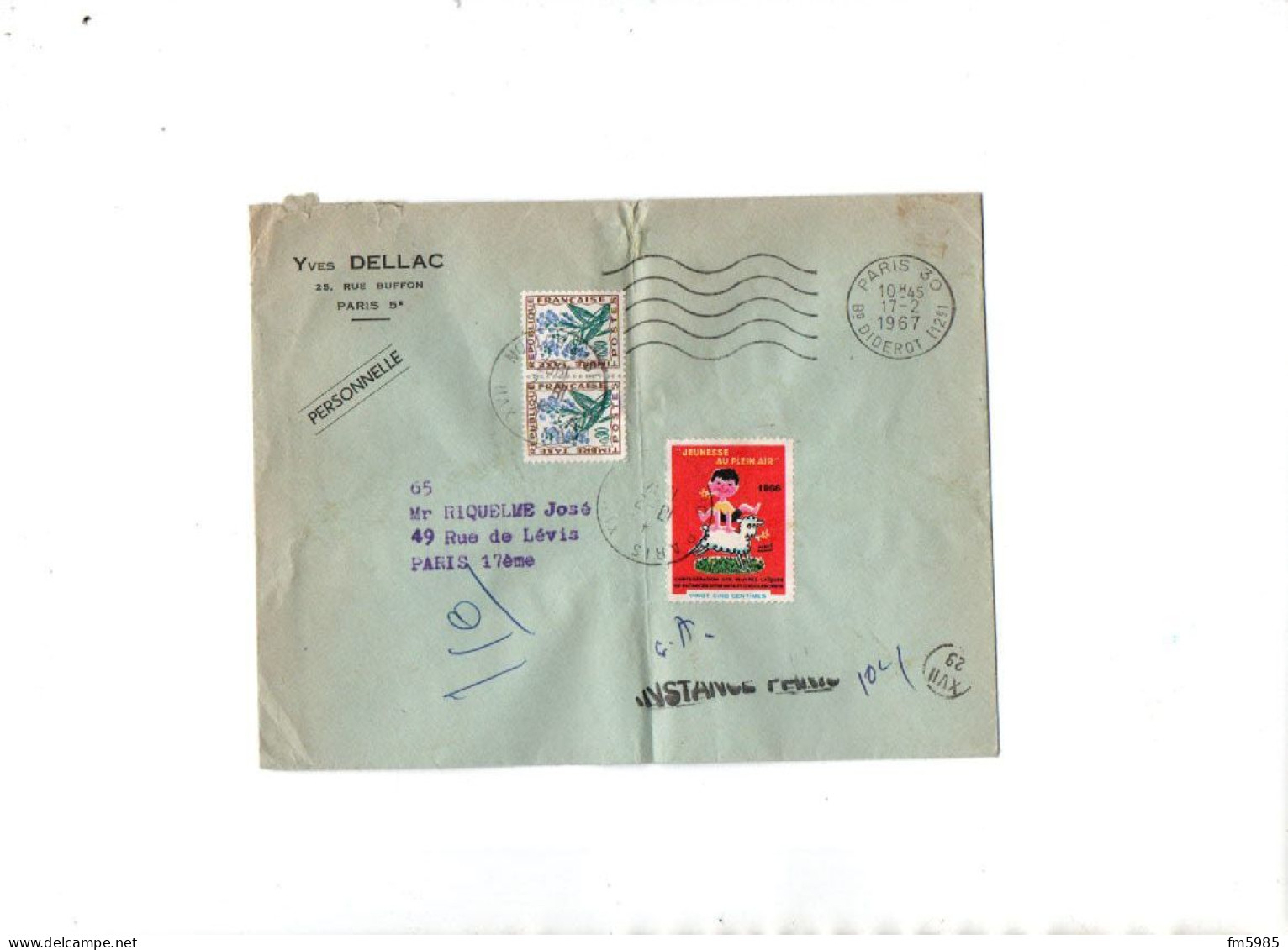 ENVELOPPE TAXEE DE 1967 TIMBRE JEUNESSE AU PLEIN AIR - Storia Postale