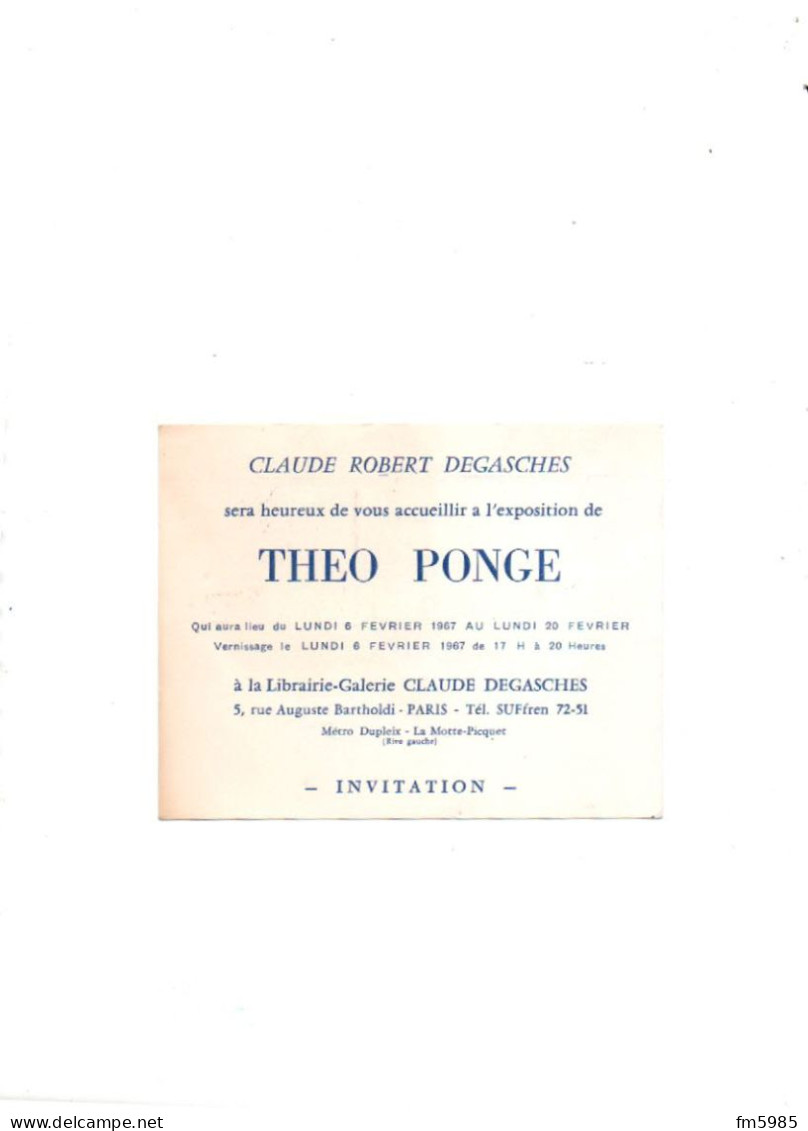 /. CARTE INVITATION EXPO THEO PONGE 1967 - Brieven En Documenten