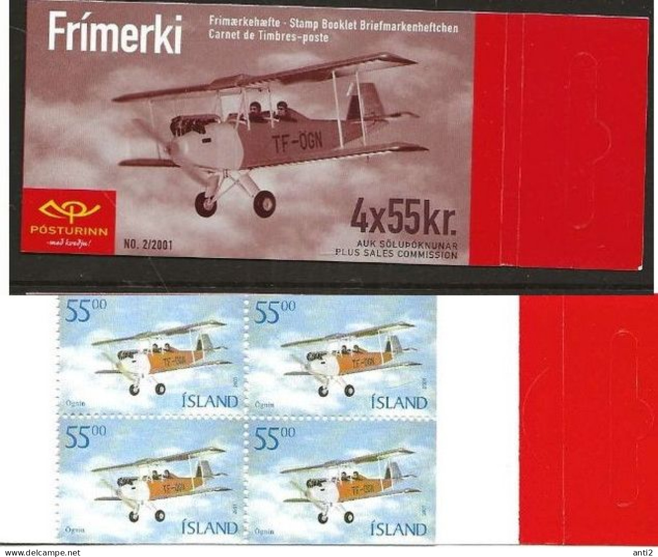 Island Iceland  2001 Historical Aircrafts,  Airplane TF-ÖGN (1940)  Mi 979 In Booklet MNH(**) - Unused Stamps